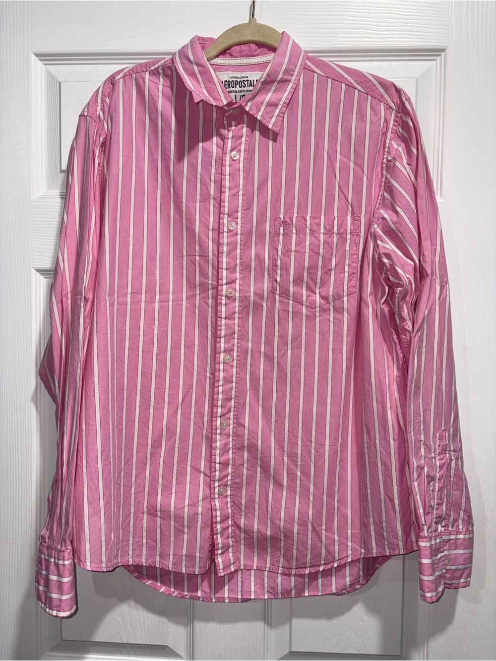 Aeropostale Pink and White Vertical Stripe Button-Down Shirt